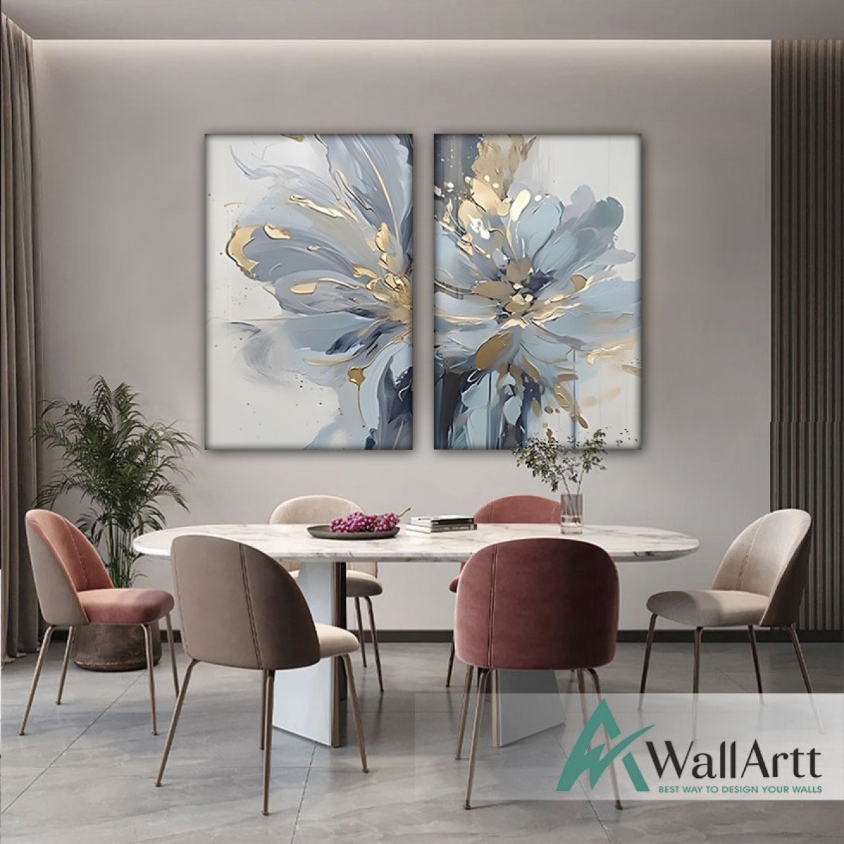 Light Blue Flowers 2 Piece Textured Partial Oil Painting